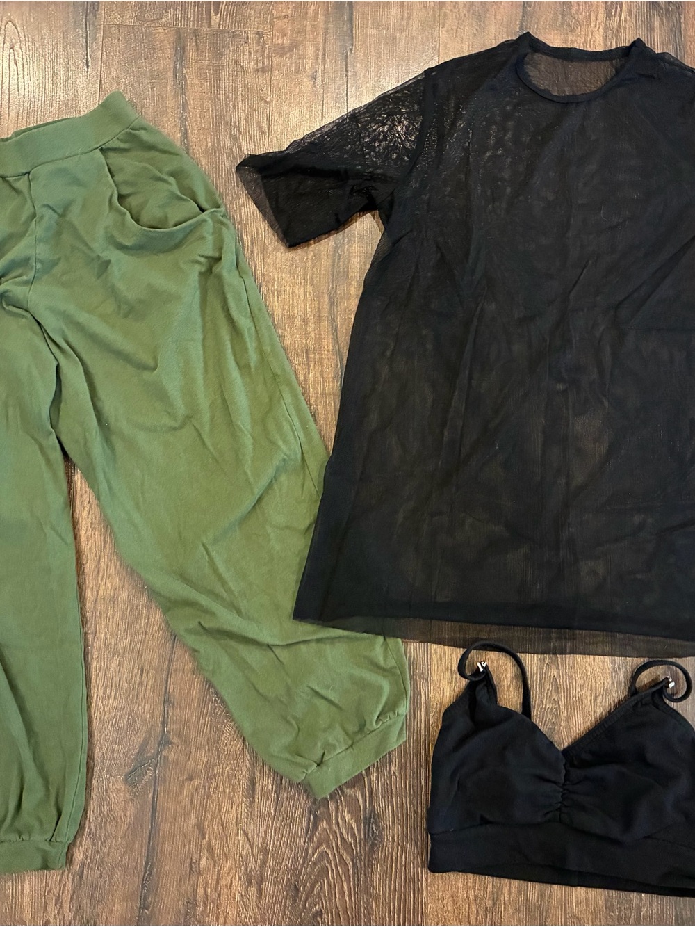 Kelle dance costume - Military Green capris, black crop top and black mesh